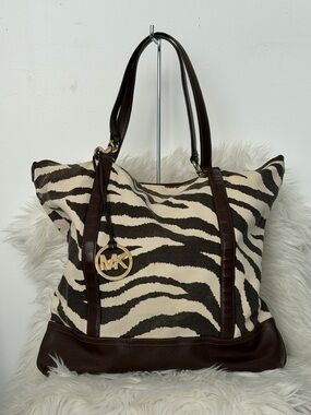 Michael Kors Cream & Brown Zebra-Print Leather-Trim Tote